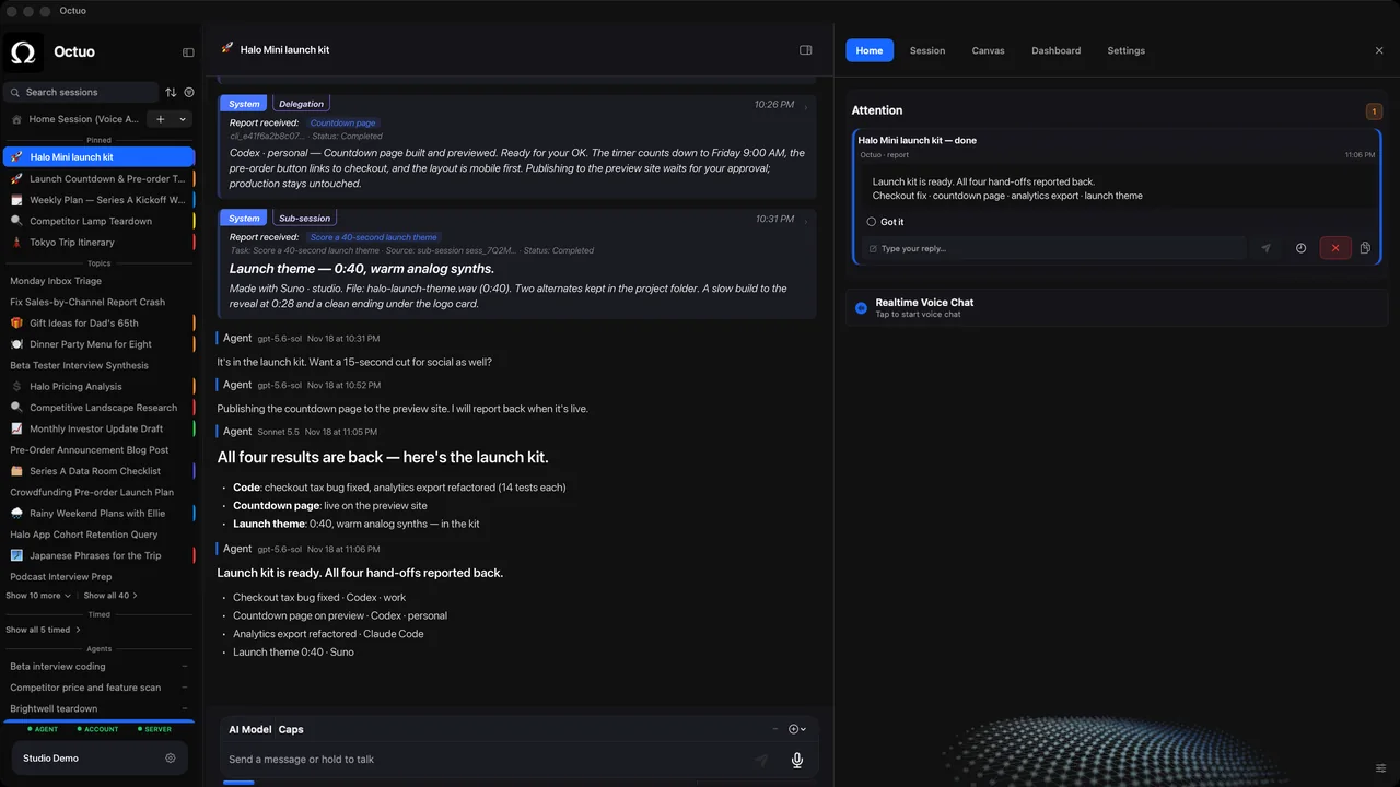 Screenshot of Octuo for macOS showing the Attention feed
