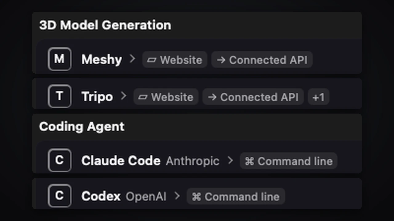 Mac版Octuo：Claude Code、Codex、Meshy、Tripoが並ぶExternal Solutionsの一覧