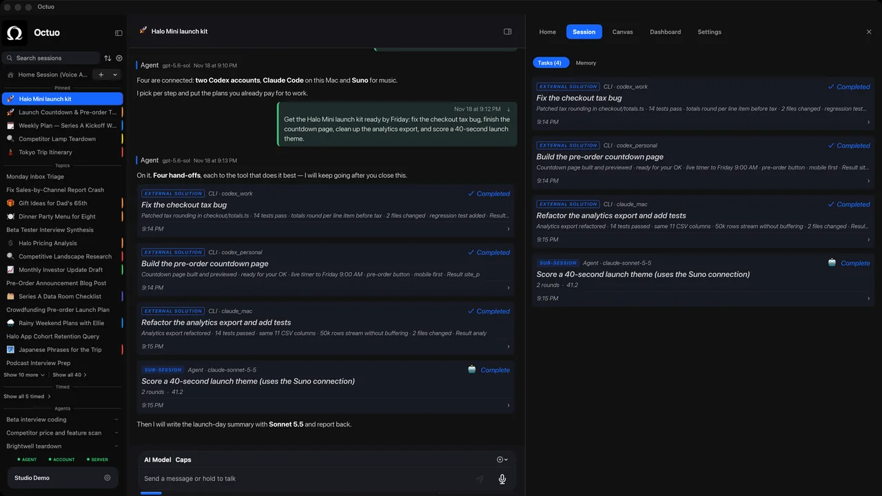 Screenshot of Octuo for macOS showing delegated tasks