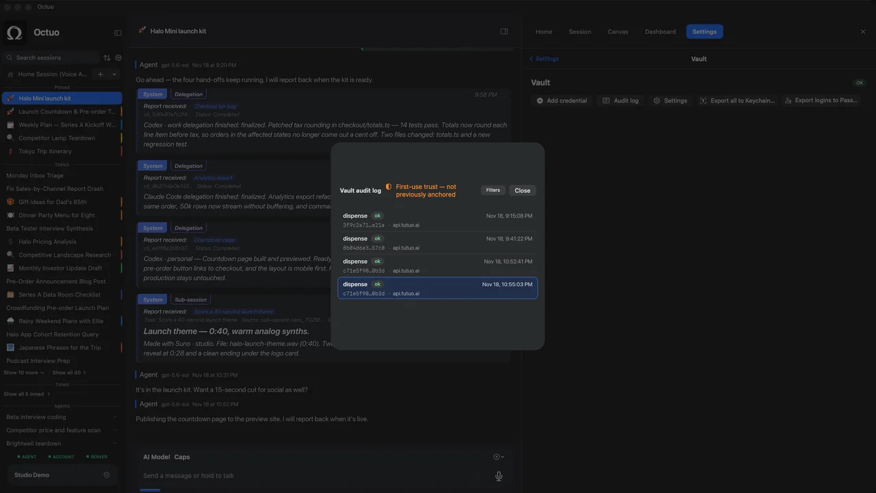 Screenshot of Octuo for macOS showing the Vault audit log